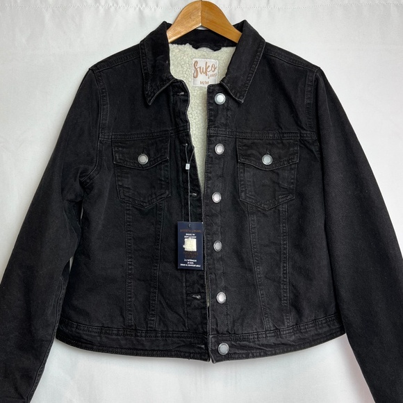 NWT Suko Jeans Sherpa Lined Trucker Black Denim Jacket, Size M - Picture 6 of 10